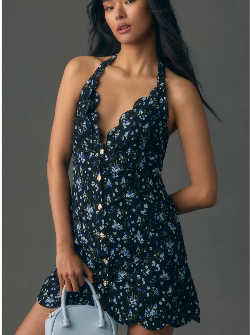 Anthropologie Black Mini Dress with Blue Floral Print